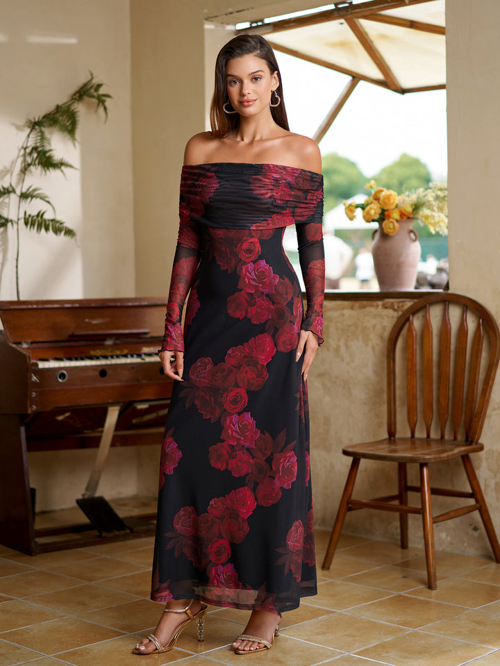 Off Shoulder Flounce Sleeve Mesh Bodycon Dress