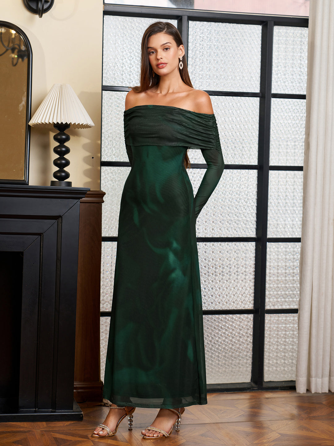 Sleeve Flounce Off Shoulder Mesh Bodycon Dress#color_greenfloral