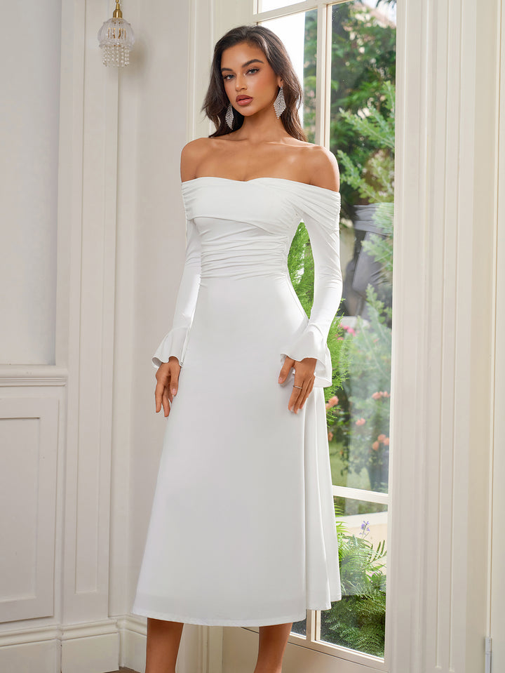 Off Shoulder Flounce Sleeve Ruched Bodycon Dress#color_white