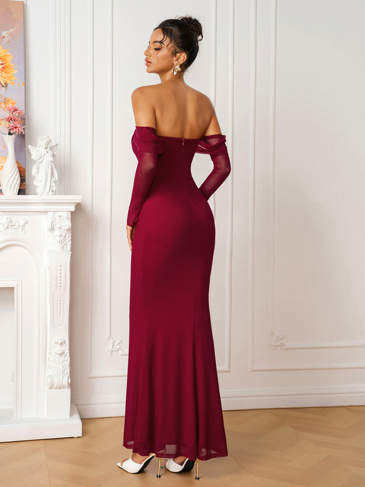 Flounce Sleeve Ruched Off Shoulder Mesh Dress