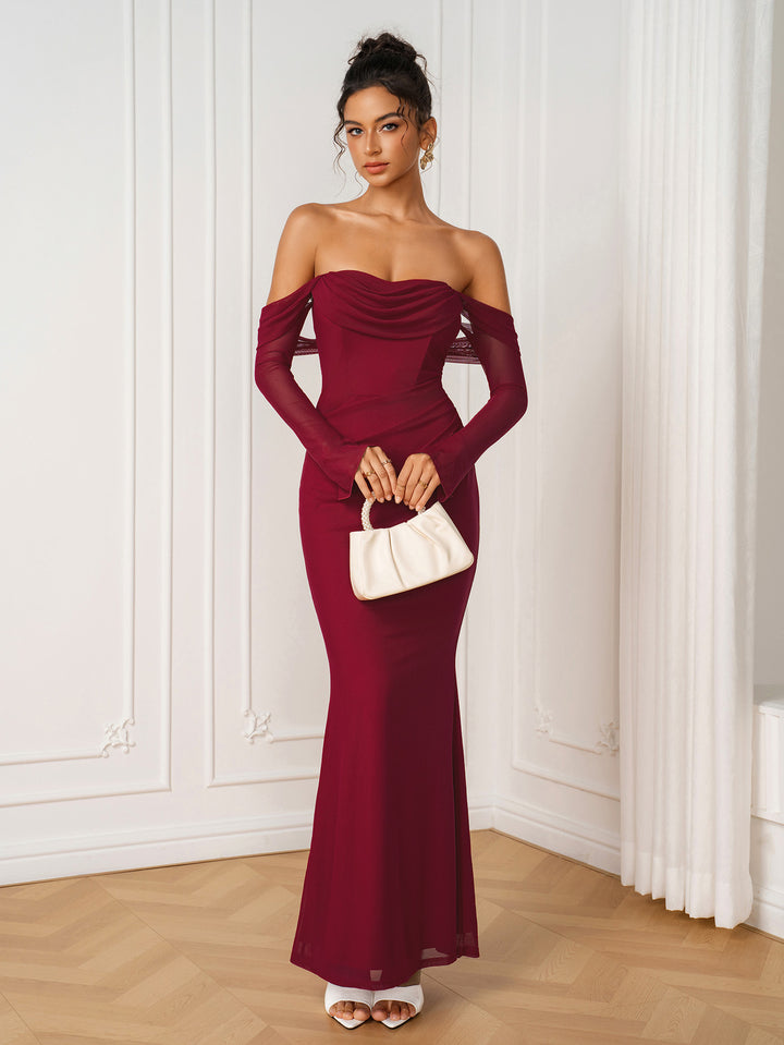 Ruched Flounce Sleeve Off Shoulder Mesh Dress