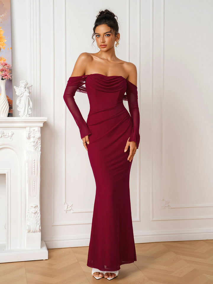 Flounce Sleeve Off Shoulder Ruched Mesh Dress