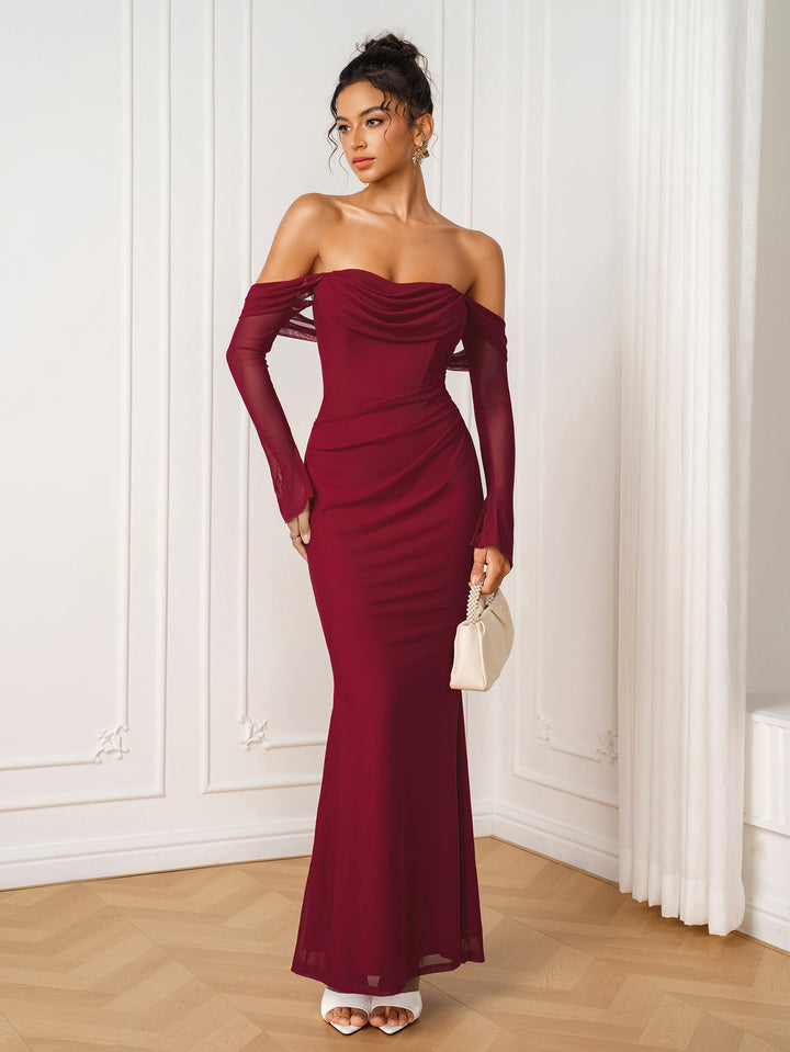 Off Shoulder Flounce Sleeve Ruched Mesh Dress