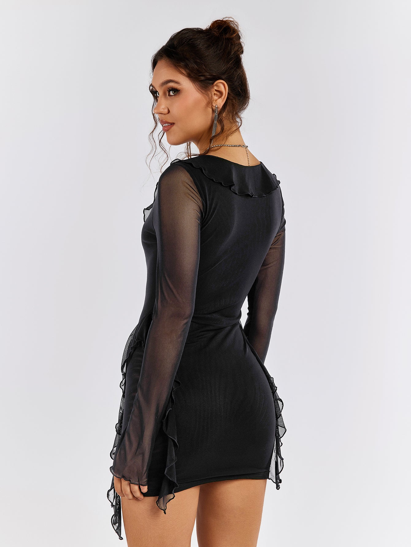 tie front flounce sleeve embellished mesh dress#color_black