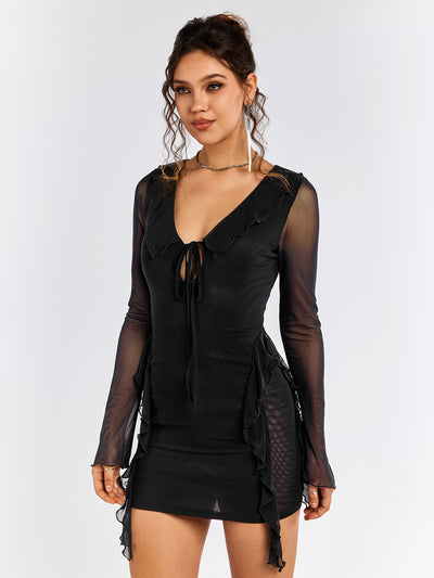 mesh flounce sleeve tie front embellished dress#color_black