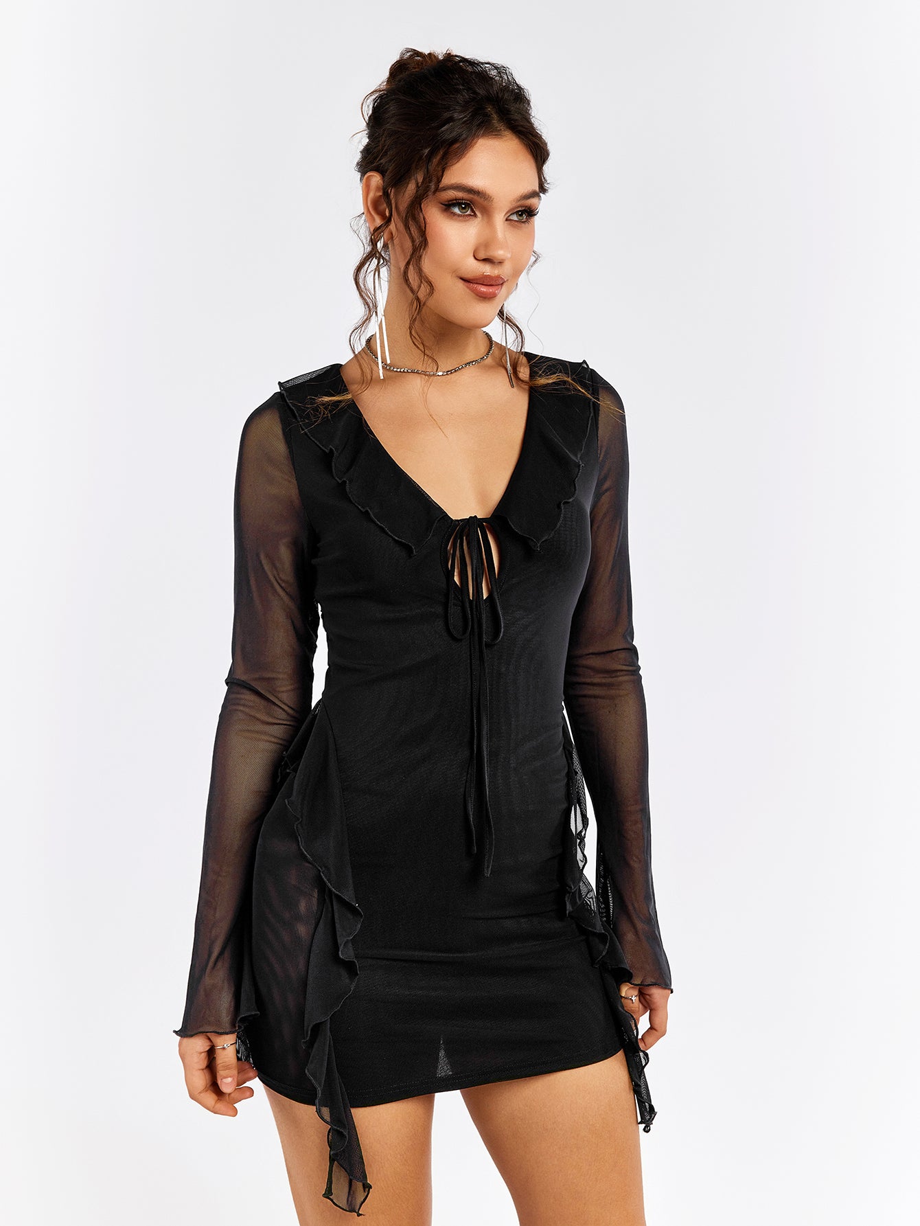embellished flounce sleeve tie front mesh dress#color_black
