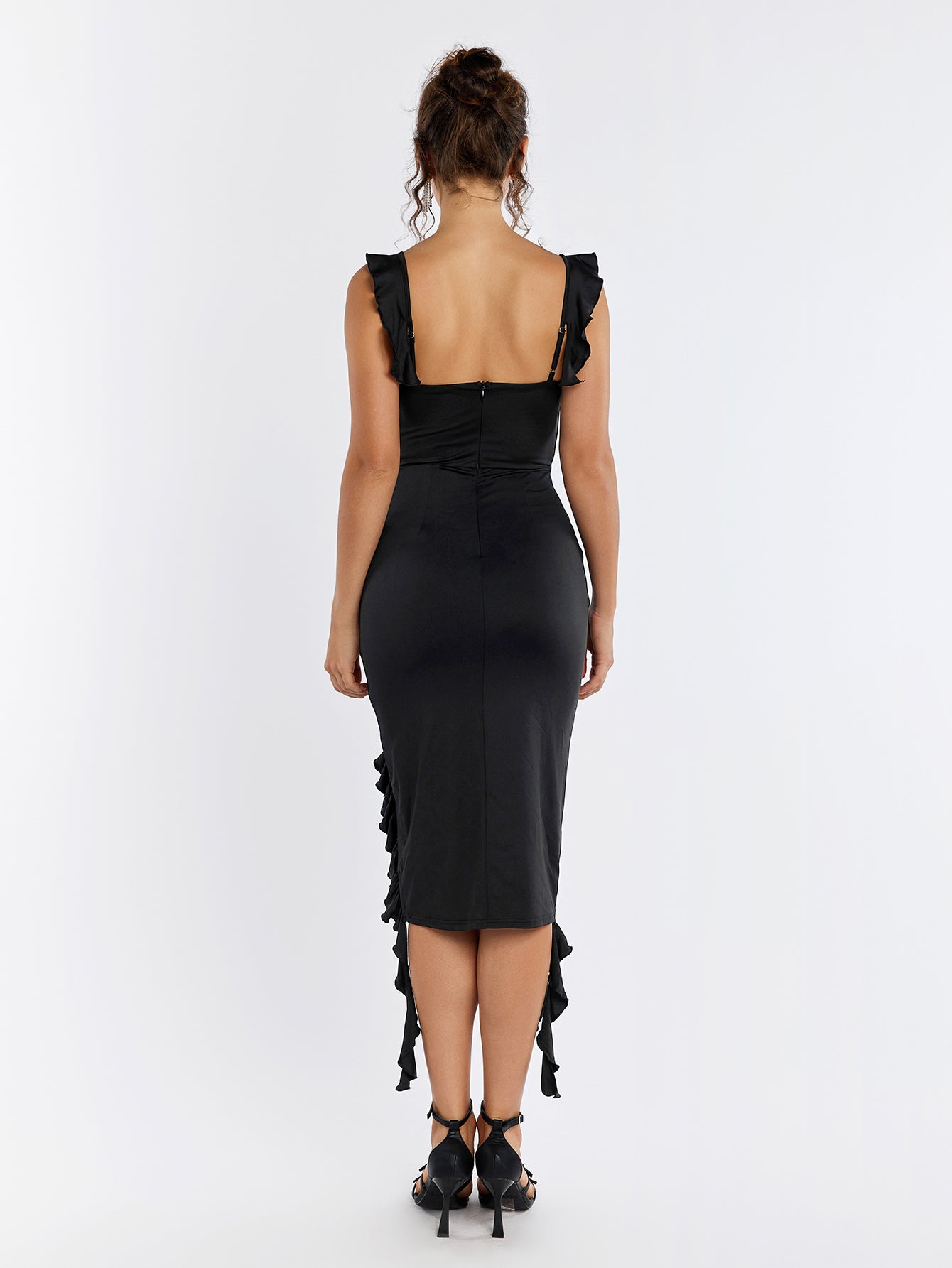 embellished flower fly sleeve asymmetrical hem dress#color_black