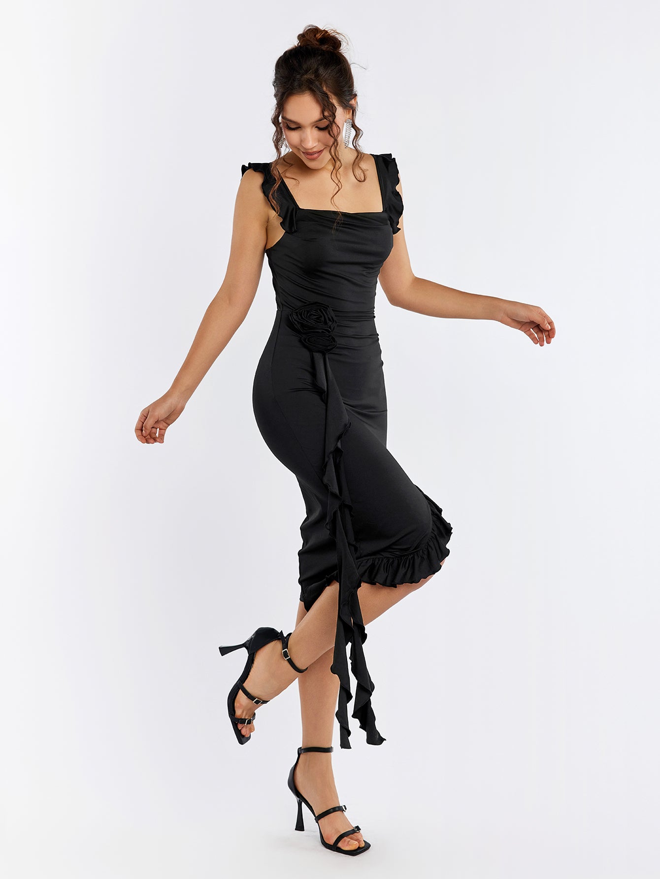 asymmetrical hem fly sleeve embellished flower dress#color_black