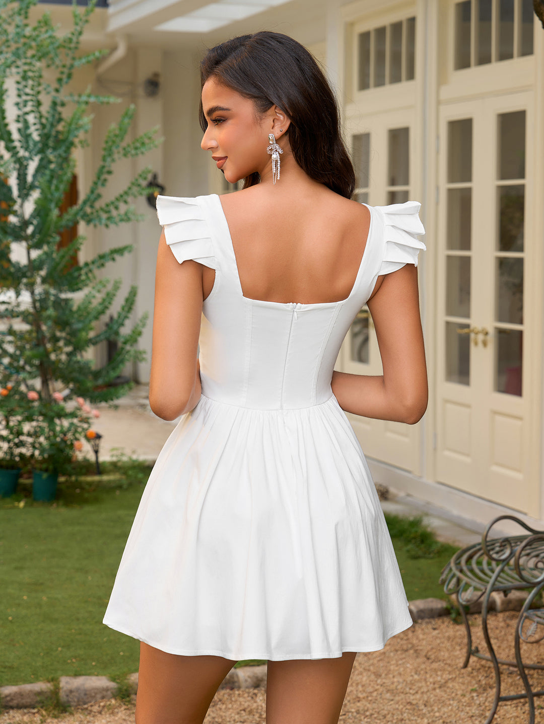 Fly Sleeve Embellished Button Ruched Bust Backless Dress#color_white