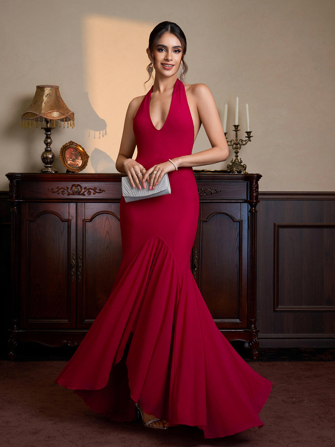 Asymmetrical Hem Bodycon Halter Solid Mesh Dress