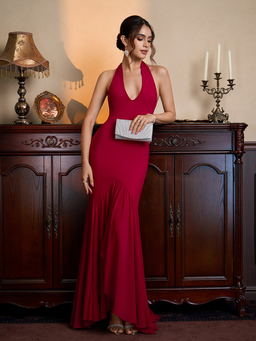 Asymmetrical Hem Halter Bodycon Solid Mesh Dress