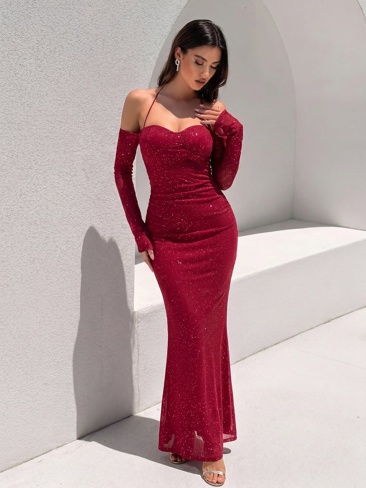 Flounce Sleeve Backless Halter Mesh Sequin Dress