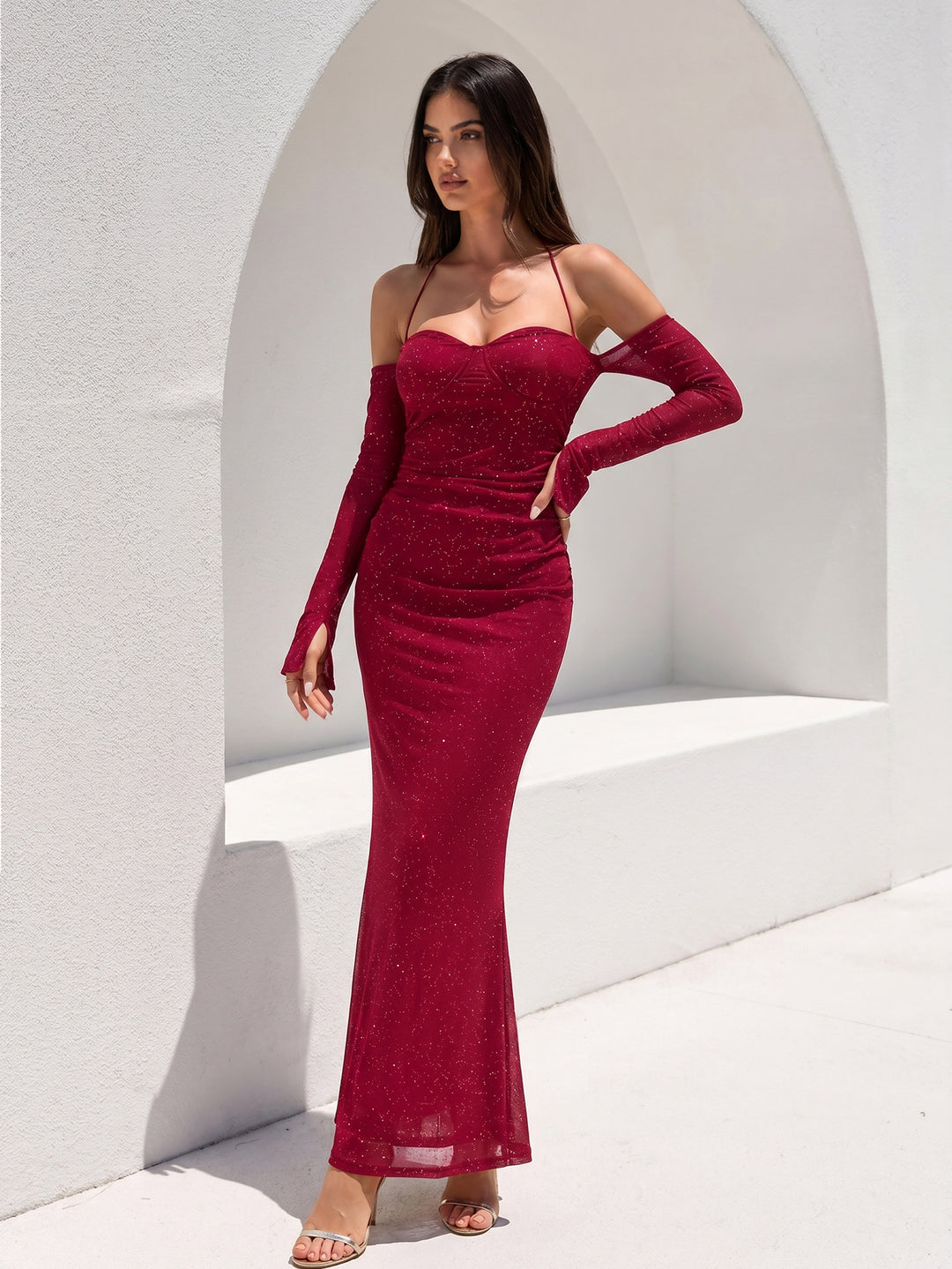 Backless Flounce Sleeve Halter Mesh Sequin Dress