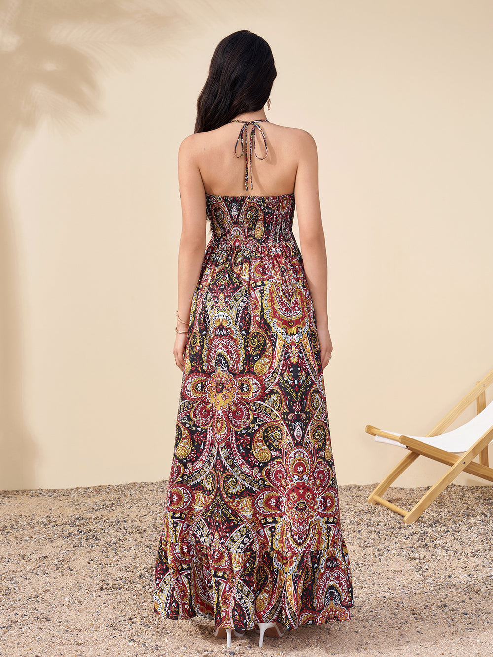 Halter Cut Out Backless Ruched Floral Print Dress#color_multiplefloral