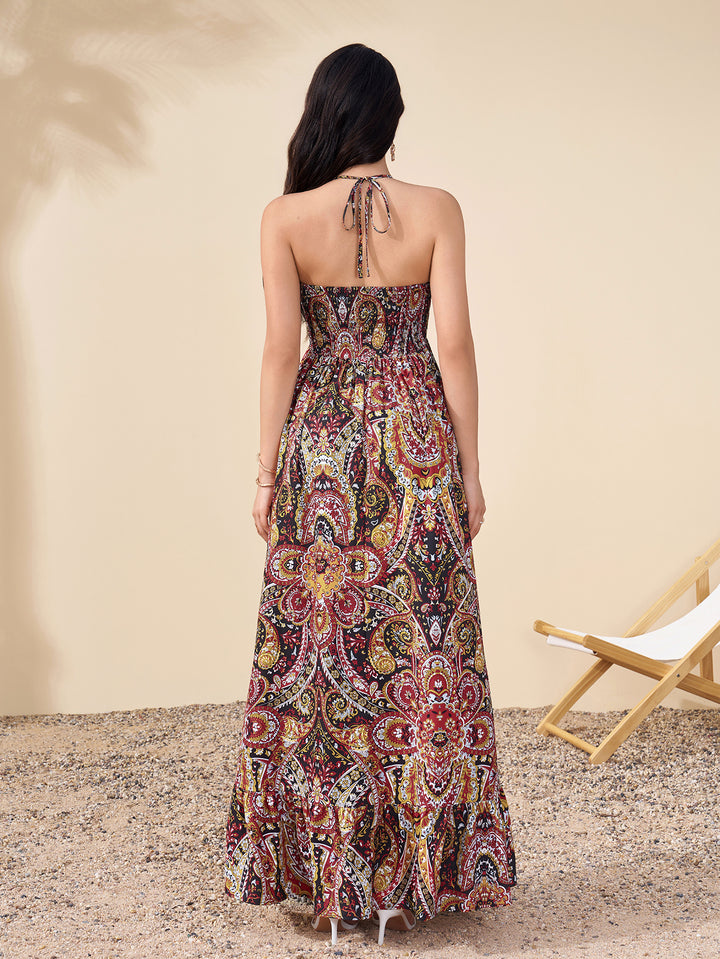 Halter Cut Out Backless Ruched Floral Print Dress
