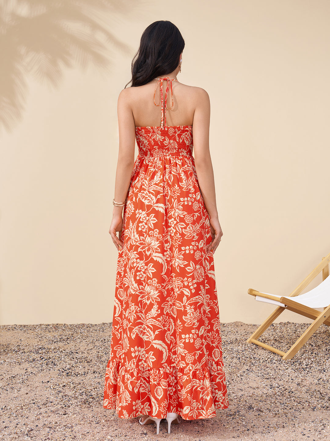 Halter Cut Out Backless Ruched Floral Print Dress