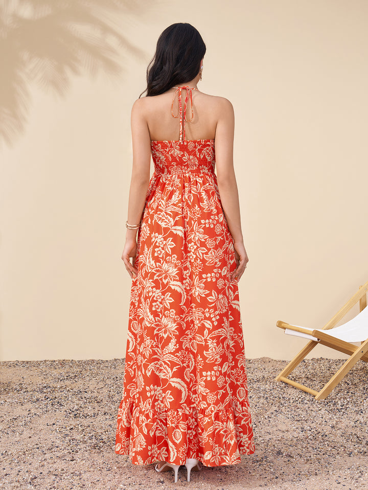 Halter Cut Out Backless Ruched Floral Print Dress