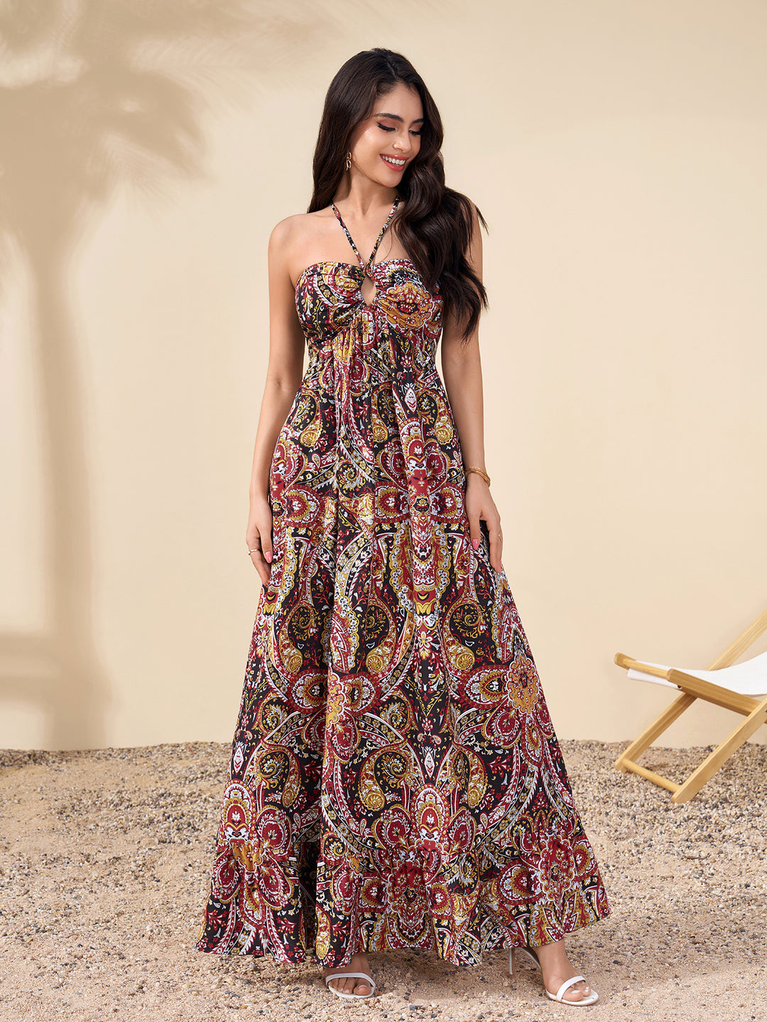 Cut Out Backless Halter Ruched Floral Print Dress
