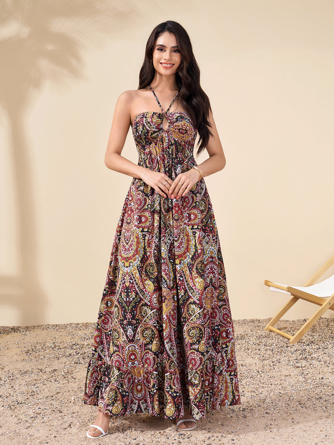 Cut Out Halter Backless Ruched Floral Print Dress