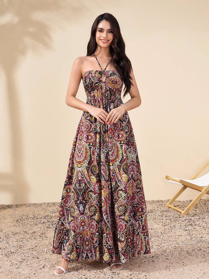Cut Out Halter Backless Ruched Floral Print Dress