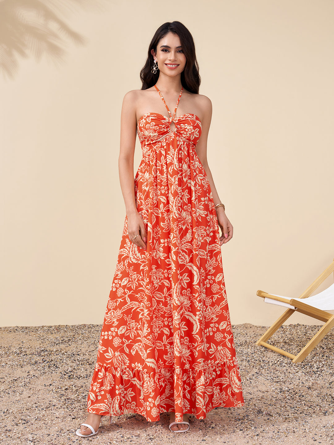 Halter Backless Cut Out Ruched Floral Print Dress