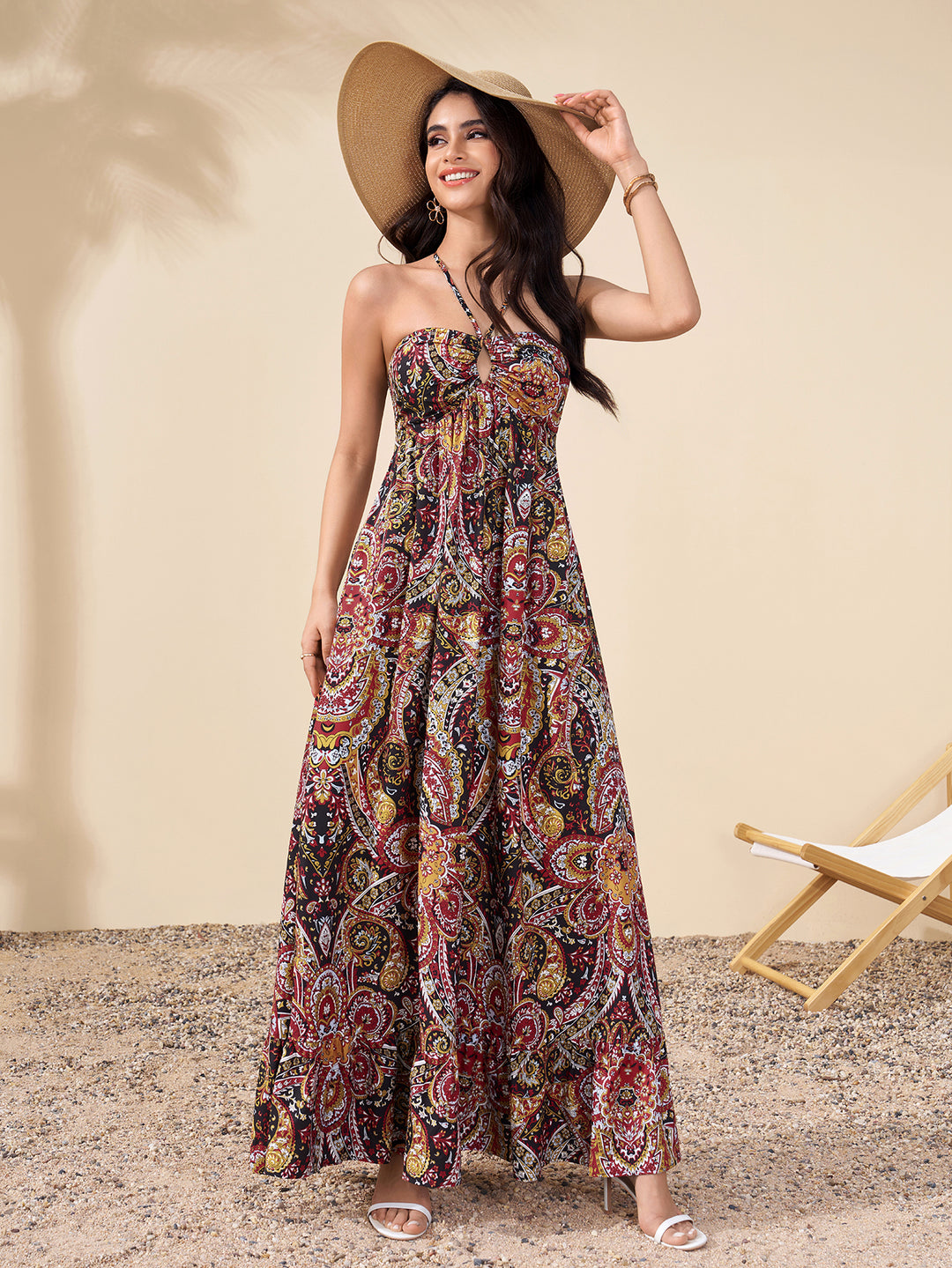 Backless Cut Out Halter Ruched Floral Print Dress