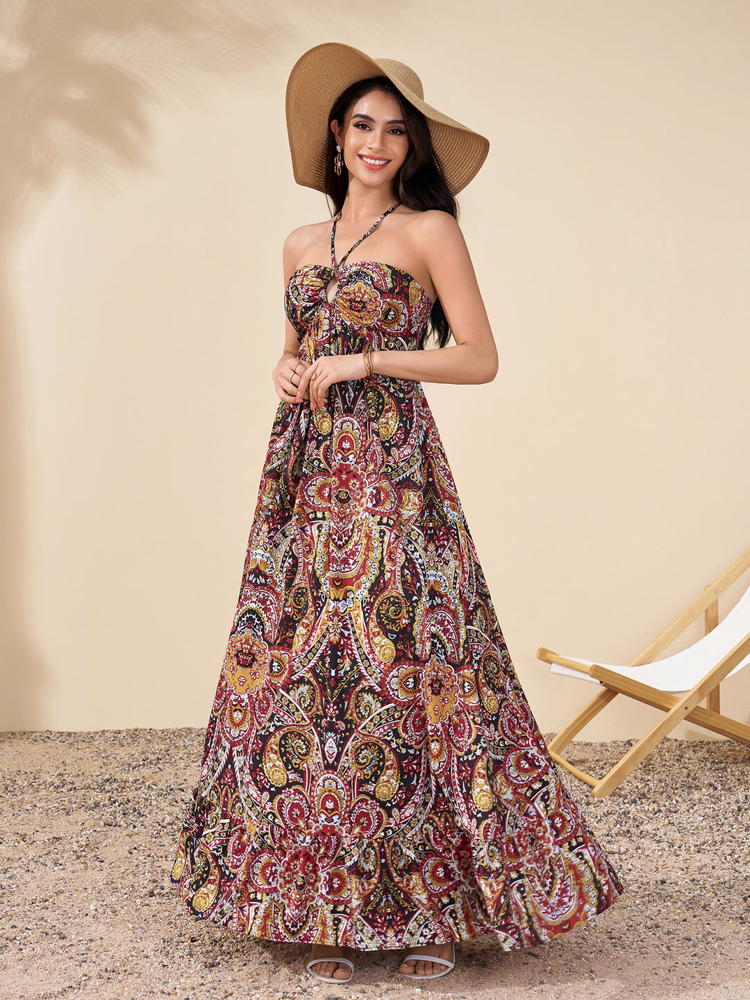 Backless Halter Cut Out Ruched Floral Print Dress