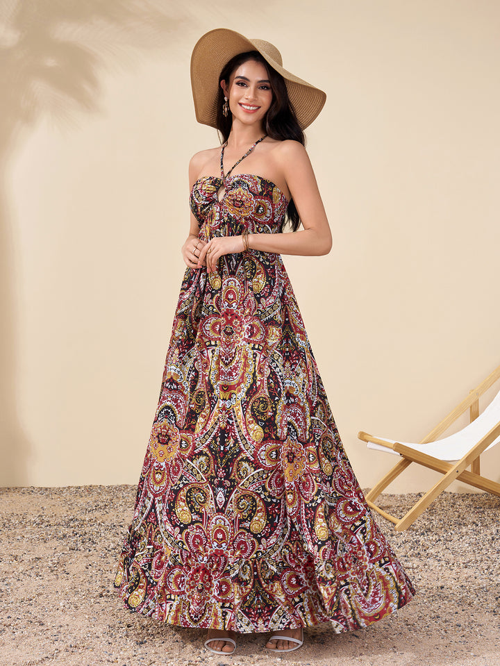 Backless Halter Cut Out Ruched Floral Print Dress