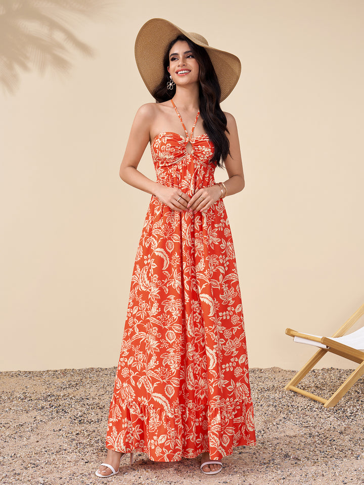Backless Halter Cut Out Ruched Floral Print Dress