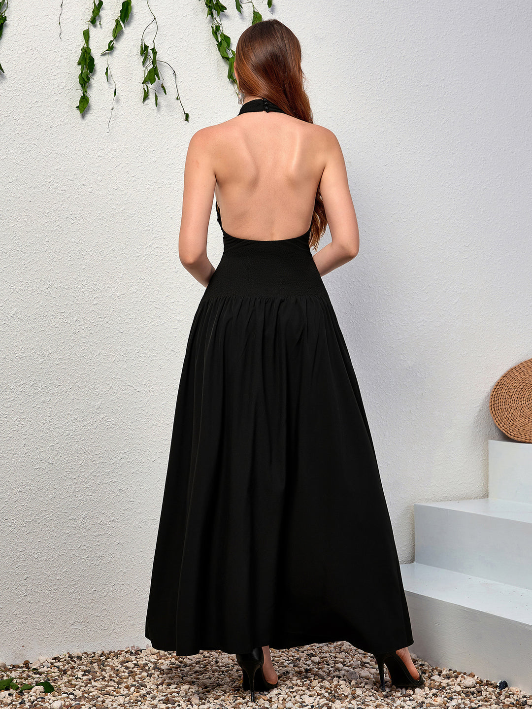 Halter Backless Flared Hem Long Dress, Black / Xs Halter Backless Flared Hem Long Dress, Black / Xs