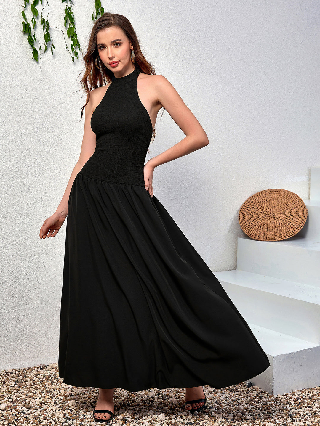 Halter Backless Flared Hem Long Dress, Black / Xs Halter Backless Flared Hem Long Dress, Black / Xs