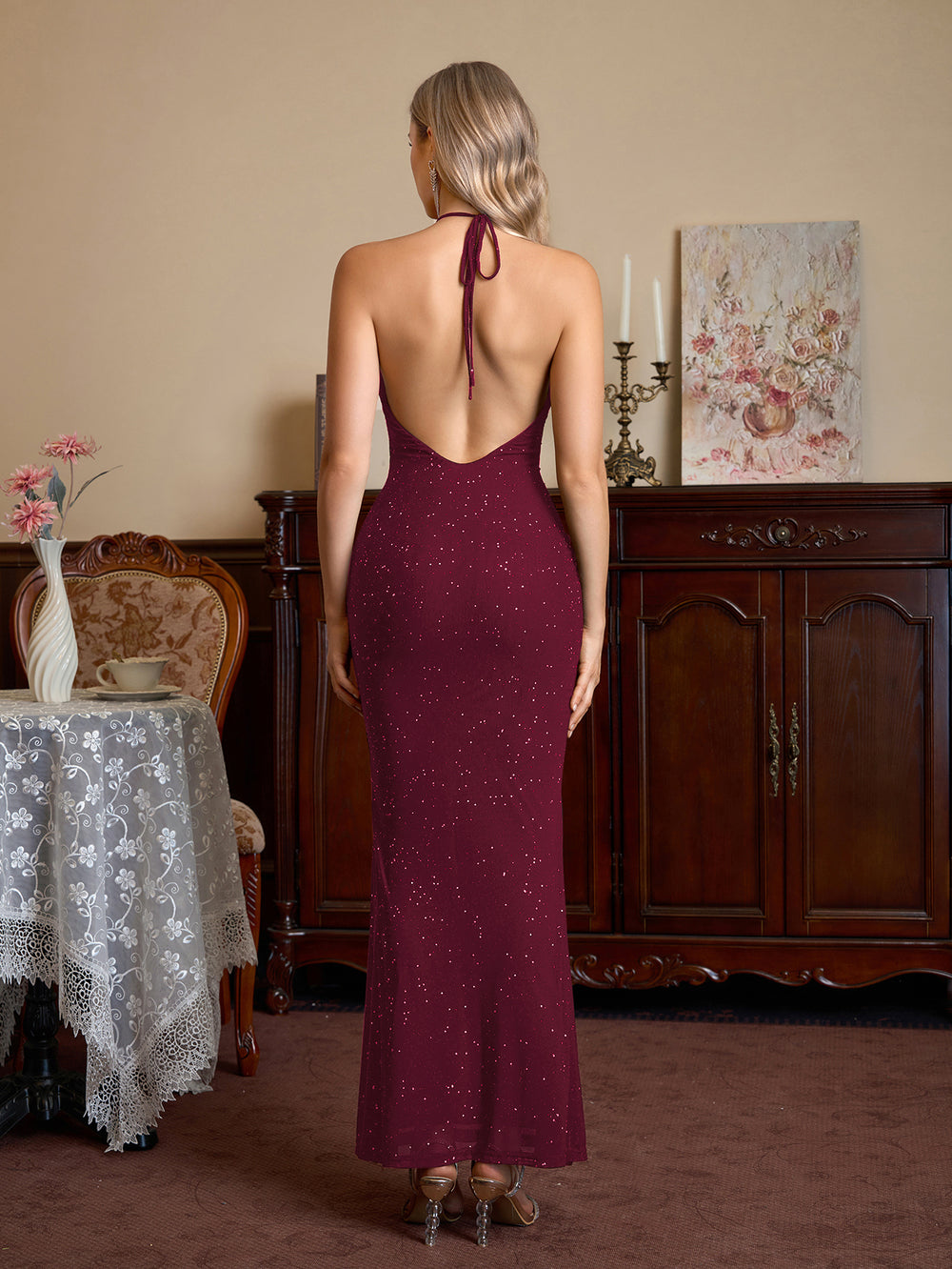 Halter Mesh Backless Sequin Bodycon Dress#color_wine
