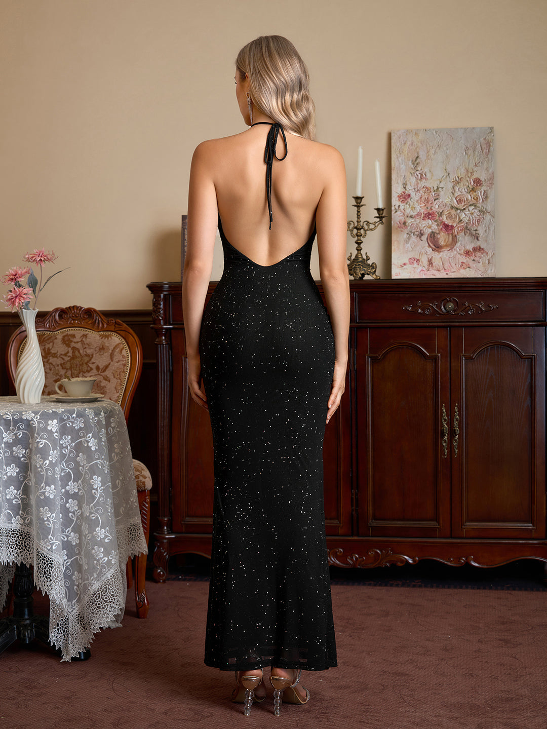 Halter Backless Sequin Mesh Bodycon Dress#color_black