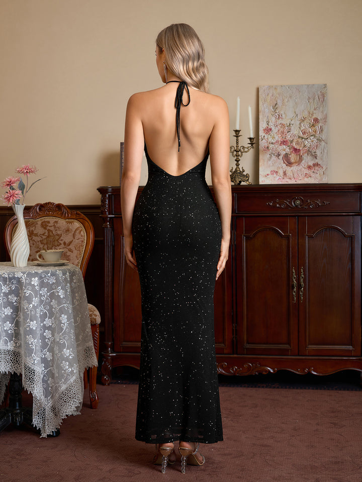 Halter Backless Sequin Mesh Bodycon Dress#color_black