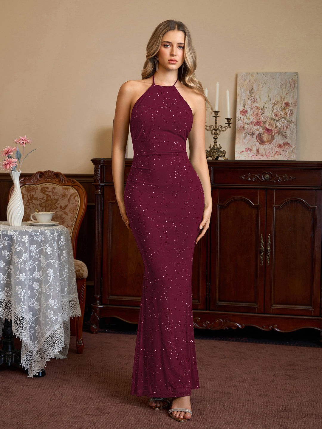 Mesh Backless Halter Sequin Bodycon Dress#color_wine