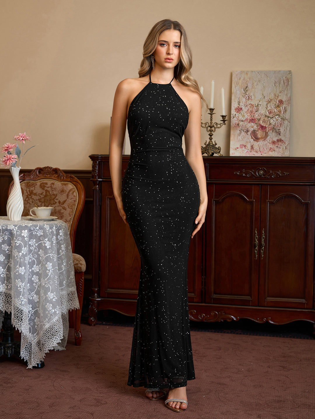 Sequin Halter Backless Mesh Bodycon Dress#color_black