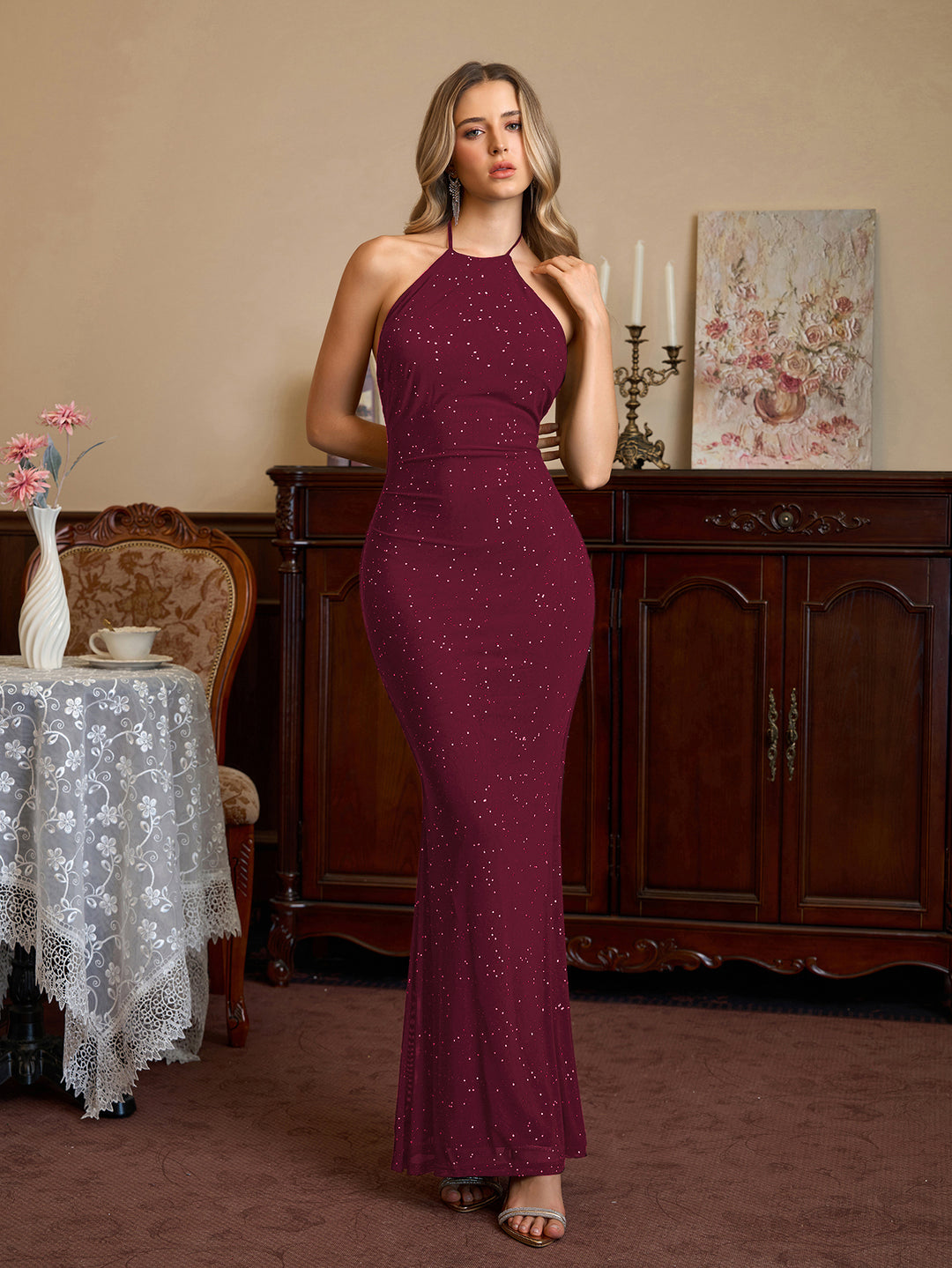 Halter Backless Mesh Sequin Bodycon Dress#color_wine