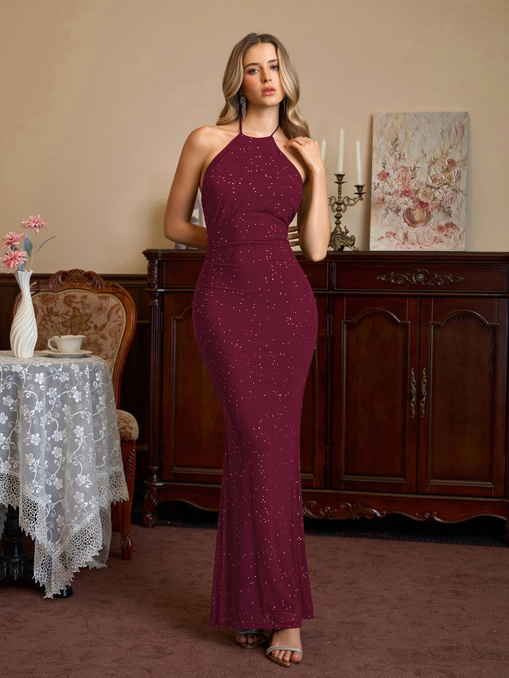 Halter Backless Mesh Sequin Bodycon Dress#color_wine