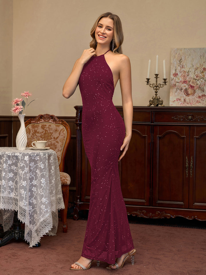 Backless Halter Mesh Sequin Bodycon Dress#color_wine