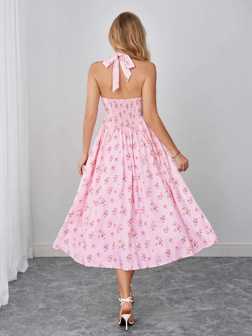 Halter Pocket Backless Floral Print Midi Dress#color_pink-floral
