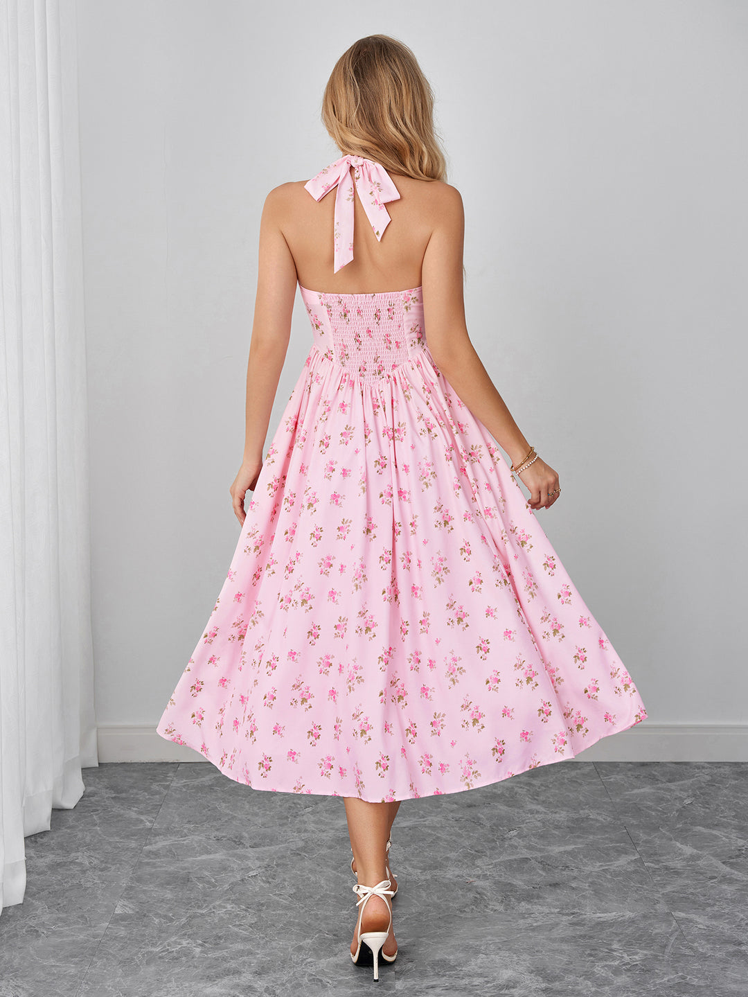 Halter Pocket Backless Floral Print Midi Dress