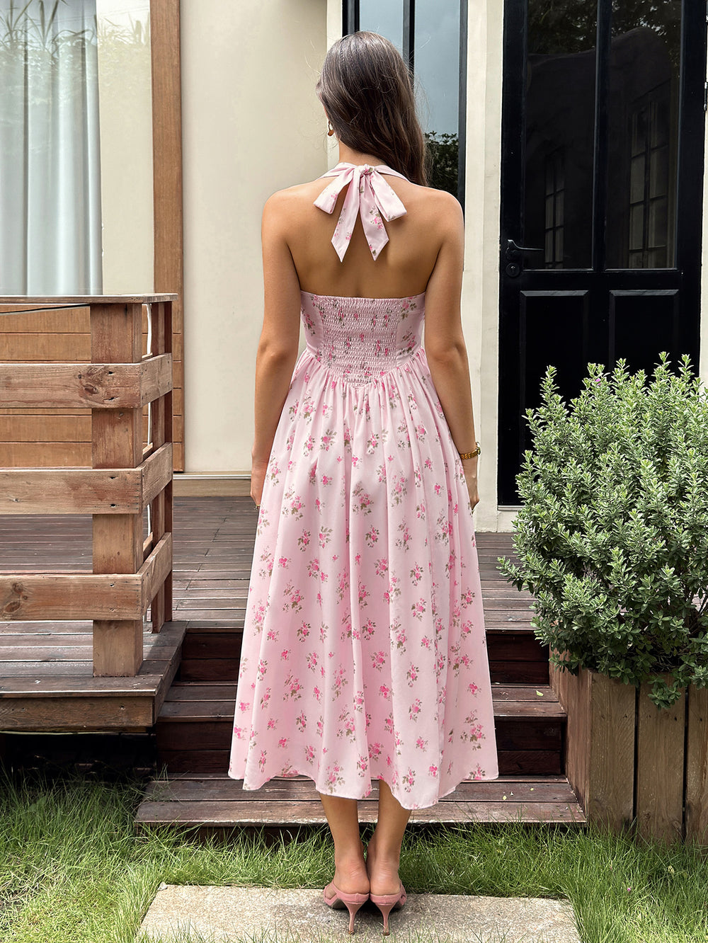 Halter Pocket Backless Floral Print Midi Dress#color_pink-floral