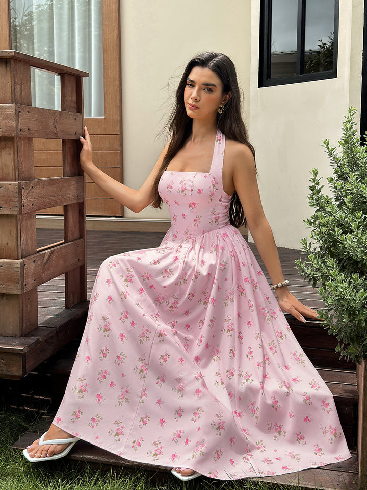 Pocket Backless Halter Floral Print Midi Dress