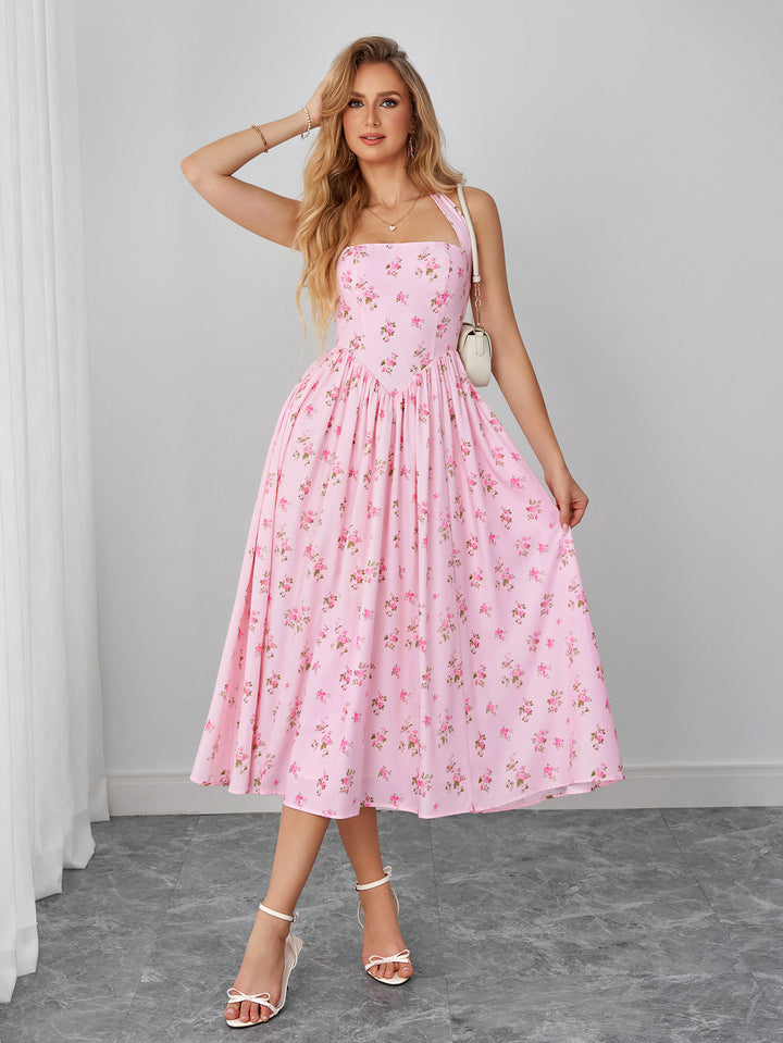 Pocket Halter Backless Floral Print Midi Dress