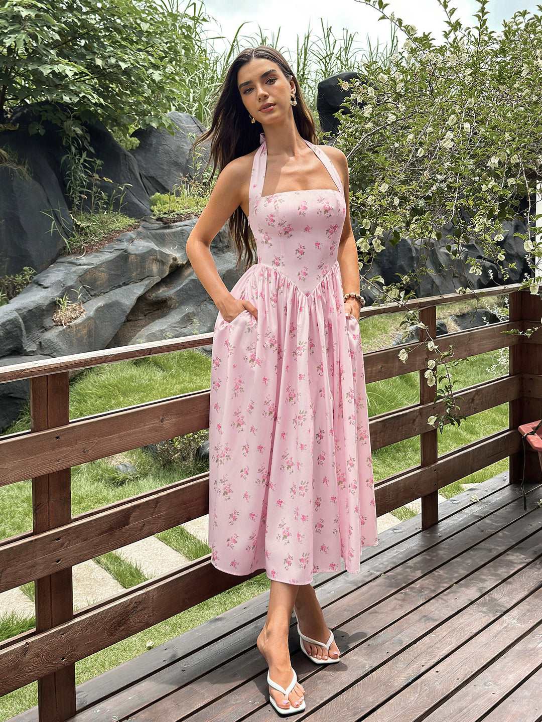 Pocket Halter Backless Floral Print Midi Dress