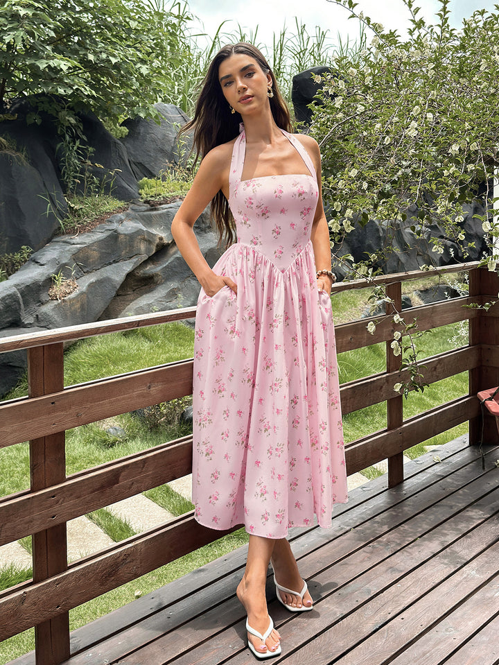 Pocket Halter Backless Floral Print Midi Dress