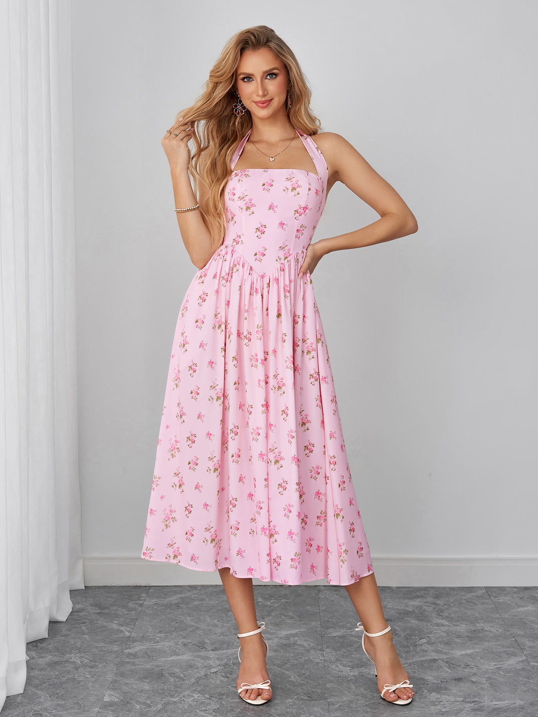 Halter Backless Pocket Floral Print Midi Dress#color_pink-floral