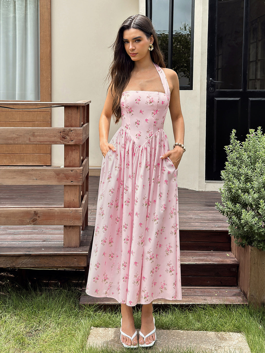 Halter Backless Pocket Floral Print Midi Dress#color_pink-floral