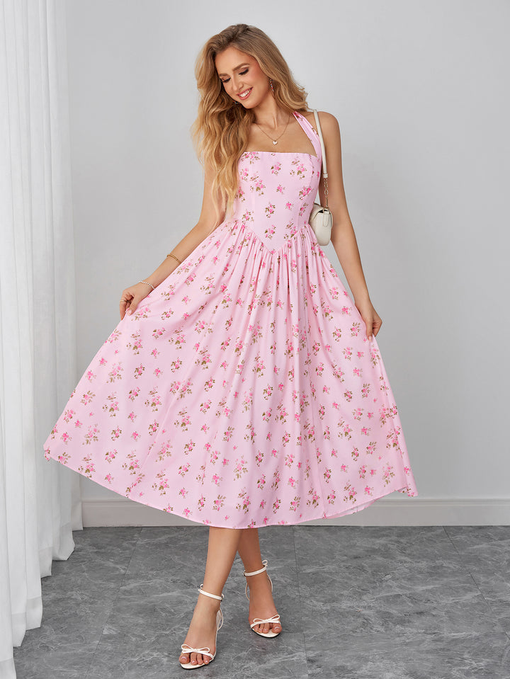 Backless Pocket Halter Floral Print Midi Dress