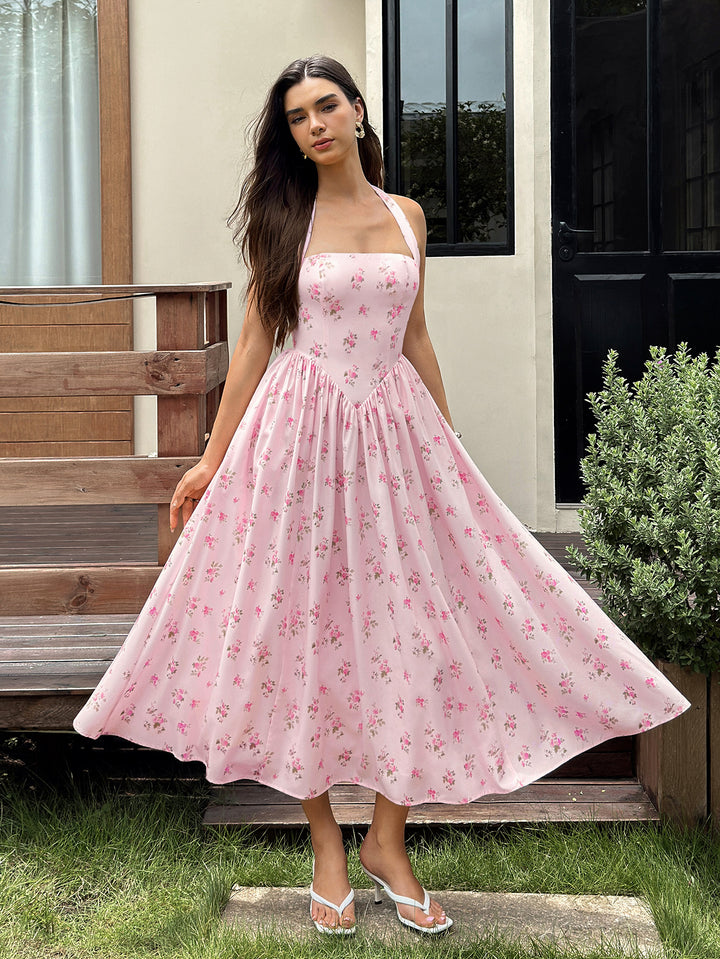 Backless Pocket Halter Floral Print Midi Dress